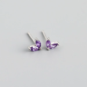 Detailed macro view of S925 silver stud earrings with purple marquise-cut zircon stones