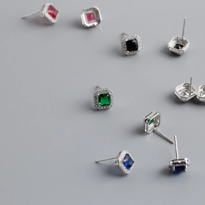 Detailed view of square zircon stud earrings in various colors with S925 silver needles