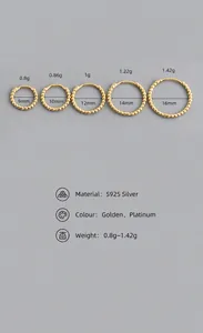 Size chart for S925 sterling silver hoop earrings with bead design in various diameters