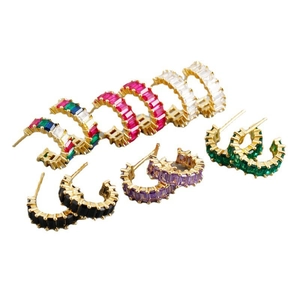 Colorful S925 silver stud earrings with rectangular zircon in multi-color C-shape design
