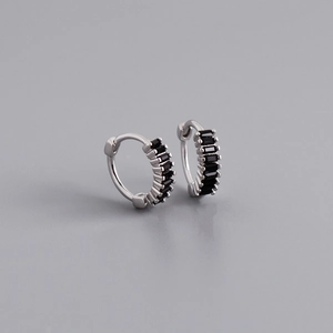 Detailed close-up of 925 sterling silver hoop earrings with black rectangular zircons
