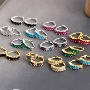 S925 sterling silver baguette-cut colorful zircon huggie earrings in diverse vibrant colors