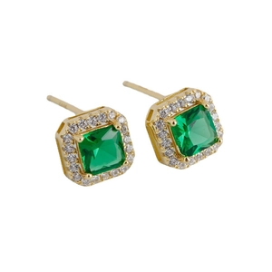 Square emerald zircon stud earrings in 925 sterling silver with halo diamond accents