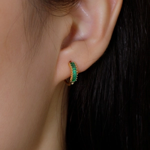 S925 sterling silver gold hoop earrings with emerald-cut green zircon stones on model