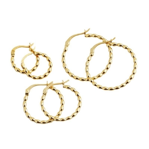 Three pairs of gold twisted hoop earrings in multiple sizes with S925 hallmark