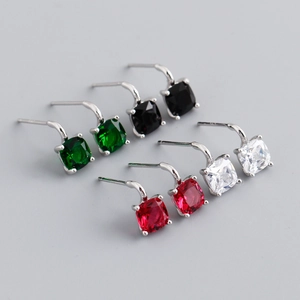 Set of four S925 silver stud earrings with colorful square-cut cubic zirconia stones