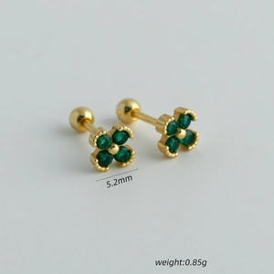 925 silver four leaf clover stud earrings with emerald green stones and screw backs