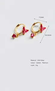 Detailed size measurement of gold S925 silver butterfly earrings with red zircon stones