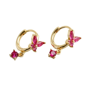 Golden S925 silver hoop earrings with butterfly design and magenta zircon stones