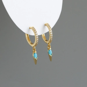 S925 sterling silver hoop earrings with blue turquoise drops and cubic zirconia accents