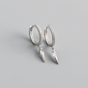 Close-up of S925 silver hoop earrings with marquise zircon and sharp cone drop charms