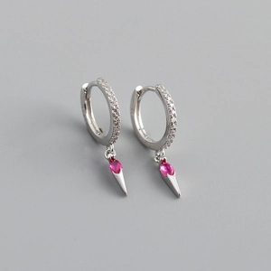 Detailed view of S925 sterling silver hoop earrings with zircon and pink marquise stone