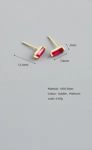 Macro view of red zircon earrings with S925 silver plating and detailed size measurement