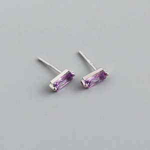 Detail of S925 silver stamp on minimalist square purple zircon stud earrings for women