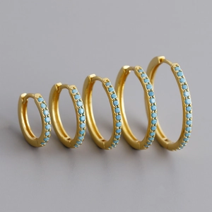 925 Sterling Zilver Turkoois Kleur Zirconia Creolen Voor Vrouwen Europese Mode Ronde Goud Zilveren Oorbellen Sieraden Cadeau