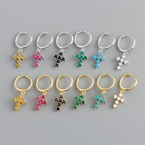 Boucles d'Oreilles Créoles Croix en Argent Sterling 925 Avec Zircone Colorée Incrustée Or Platine Style Français Bijoux Femme