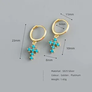 S925 Sterling Silber vergoldete Kreuzohrringe mit blauen Zirkonia Einlagen für Damen