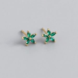 Orecchini a lobo a fiore in argento S925 dorato con zirconi verdi a taglio marquise