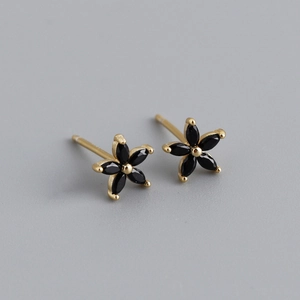 Orecchini a lobo fiore di prugna in argento S925 dorato con pietre nere