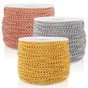 Three spools of gold, silver, and rose gold stainless steel DIY jewelry extension chains