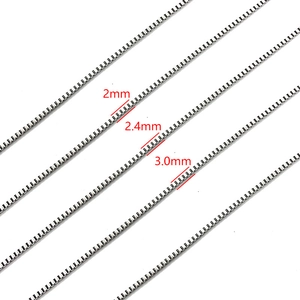 Silver stainless steel box chains in 2mm, 2.4mm, and 3mm sizes with polished finish