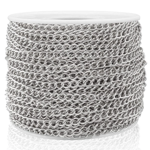 Roll of polished silver stainless steel chain for DIY jewelry making on white spool