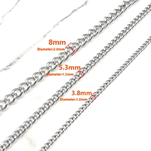 Three sizes of stainless steel curb chains in 3.8mm, 5.3mm and 8mm widths for DIY jewelry