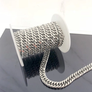 Macro detail of silver stainless steel Cuban link chain wound on a white spool