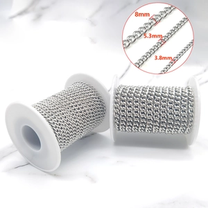 Polished stainless steel curb chain rolls in 3.8mm, 5.3mm and 8mm widths for DIY jewelry