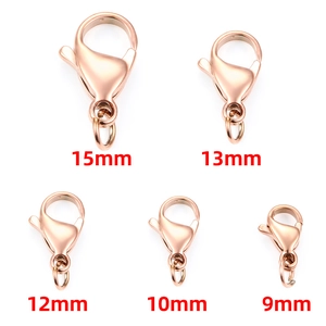 Détail de fermoirs mousquetons en or rose en cinq tailles de 9mm à 15mm pour bijoux DIY