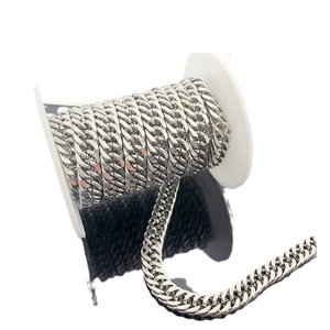 Double-woven silver stainless steel Cuban chain wound on a white spool for DIY jewelry