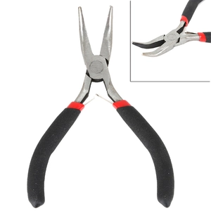 Detail of needle nose jewelry pliers with black and red handle and tip close-up view