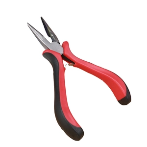 Detailed view of red and black ergonomic non-slip handles on stainless steel pliers