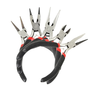 Five-piece stainless steel jewelry plier set with non-slip red and black handles