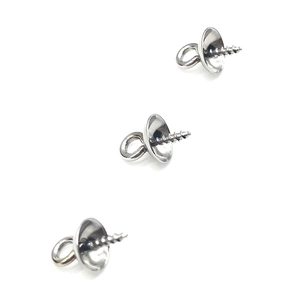 Close-up of stainless steel pearl cup bails with eye screw for DIY jewelry making