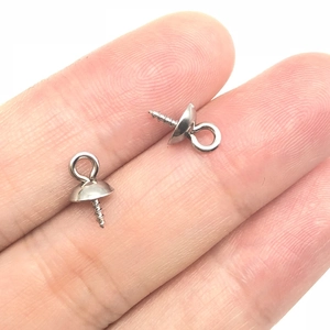 Silver stainless steel screw eye pins with pearl cup base for jewelry making and DIY crafts