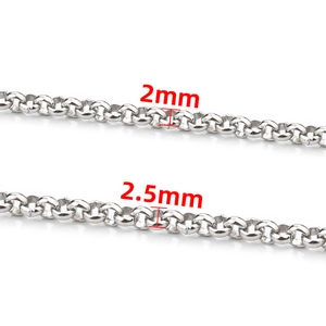 Polished stainless steel rolo chain comparison showing 2mm and 2.5mm diameters
