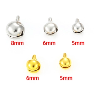 Polished gold and silver hollow metal bells in 5mm, 6mm, and 8mm sizes for DIY jewelry