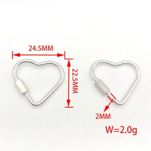 Silver stainless steel heart screw lock carabiner connectors with dimensions 24.5x22.5mm
