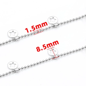 Silver bead chain necklace with 1.5mm beads and 8.5mm hollow star charms in stainless steel