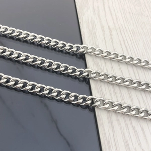 Polished stainless steel Cuban link chains in silver shown on a textured background