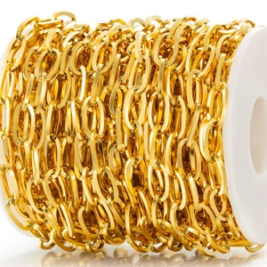 Macro shot of bulk golden stainless steel cross chain roll for DIY jewelry making
