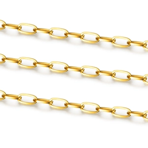 Detail shot of flat oval link chain in polished gold finish for jewelry making