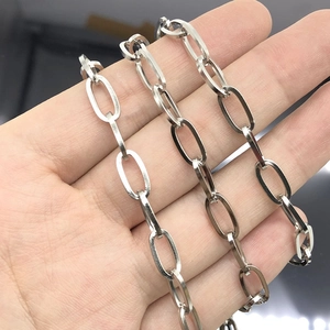 Handheld view of silver oval link stainless steel chain necklace with polished finish