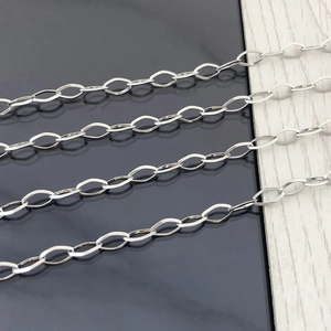 Close-up of polished silver stainless steel diamond-shaped chain links for DIY jewelry