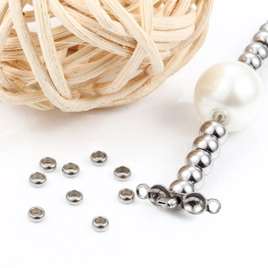 Silver stainless steel crimp beads for DIY jewelry making with white pearl necklace mockup