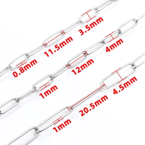Three sizes of stainless steel paperclip chains showing wire thickness and link dimensions
