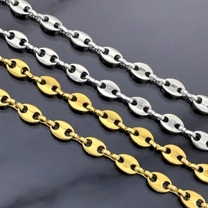 Polished stainless steel coffee bean chain in gold and silver for DIY jewelry