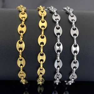 Polished stainless steel coffee bean chain bracelets in gold and silver finish