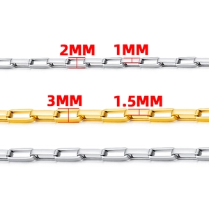 Polished stainless steel long box chain in gold and silver finish, 1mm to 3mm widths